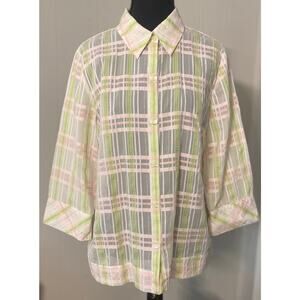 Pastel Pink & Green Plaid Sheer Shacket Collared 3/4 Sleeve Size L Spring Easter